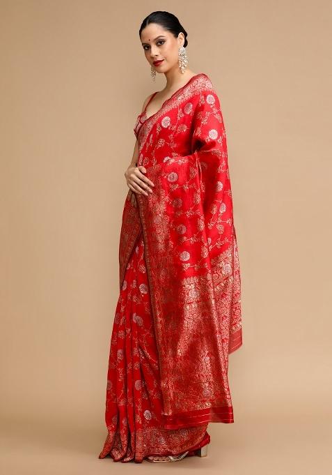 Red Embroidered Silk Saree Set