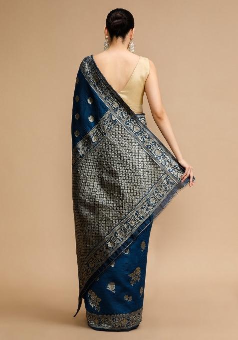 Blue Embroidered Silk Saree Set