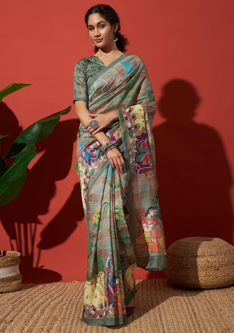 Green Embroidered Silk Saree Set