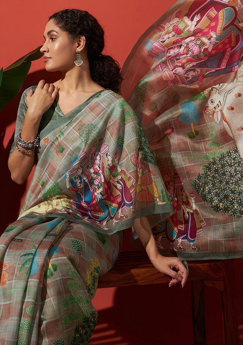 Green Embroidered Silk Saree Set