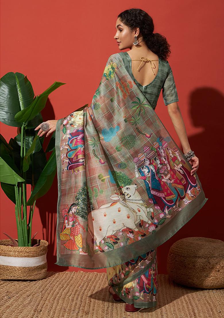 Green Embroidered Silk Saree Set