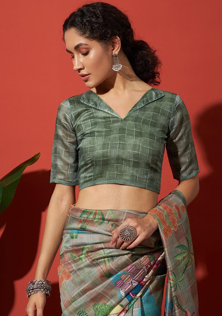 Green Embroidered Silk Saree Set