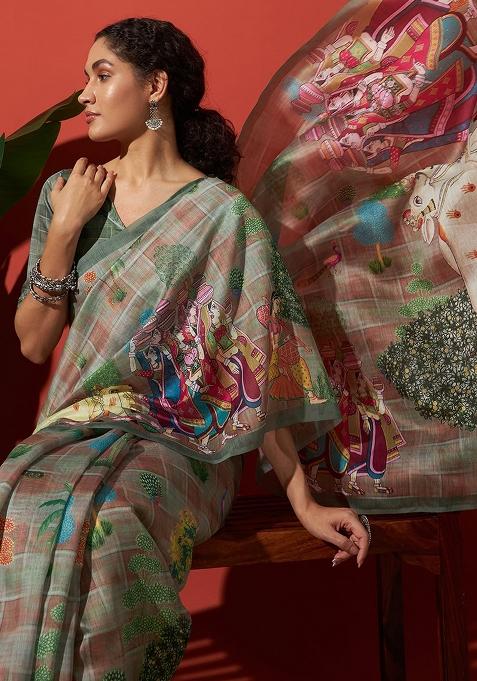 Green Embroidered Silk Saree Set