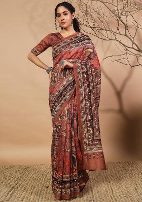 Brown Embroidered Silk Saree Set