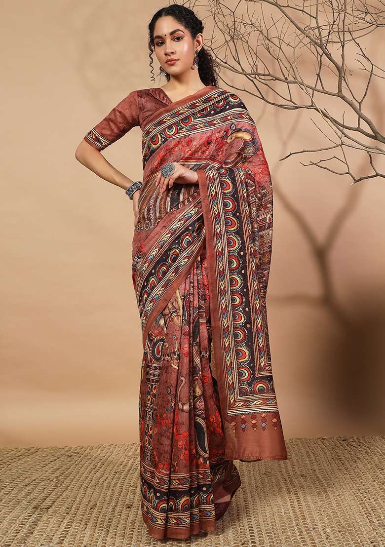 Brown Embroidered Silk Saree Set - Indya