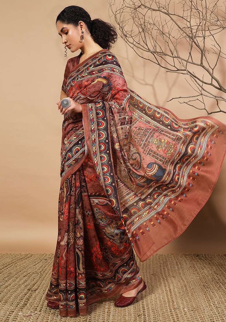 Brown Embroidered Silk Saree Set - Indya