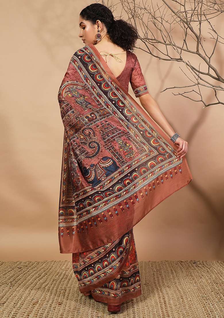 Brown Embroidered Silk Saree Set - Indya