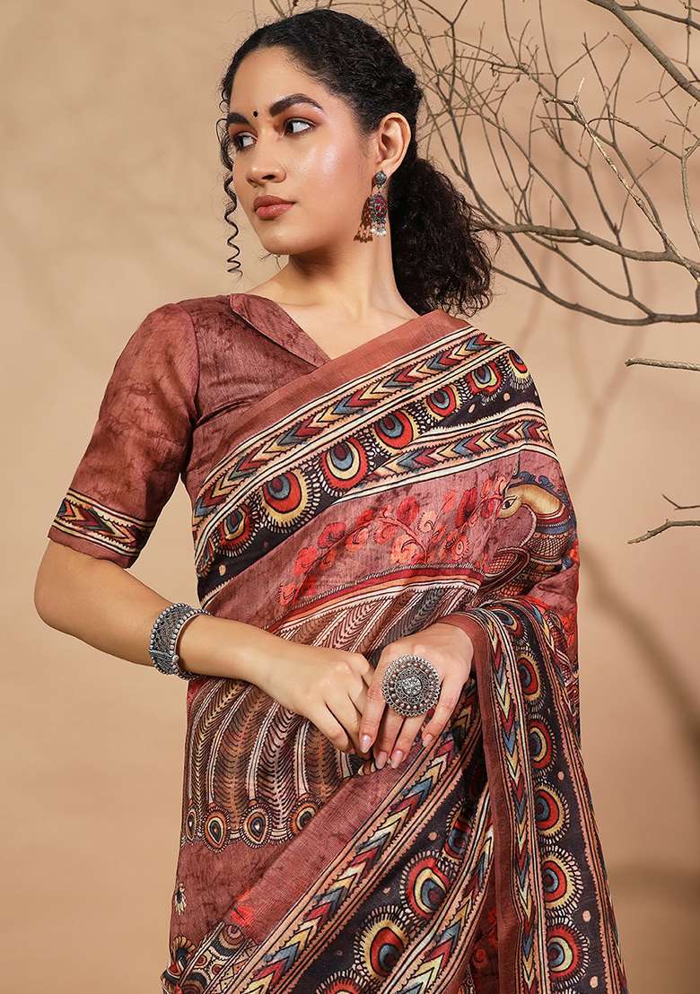 Brown Embroidered Silk Saree Set - Indya