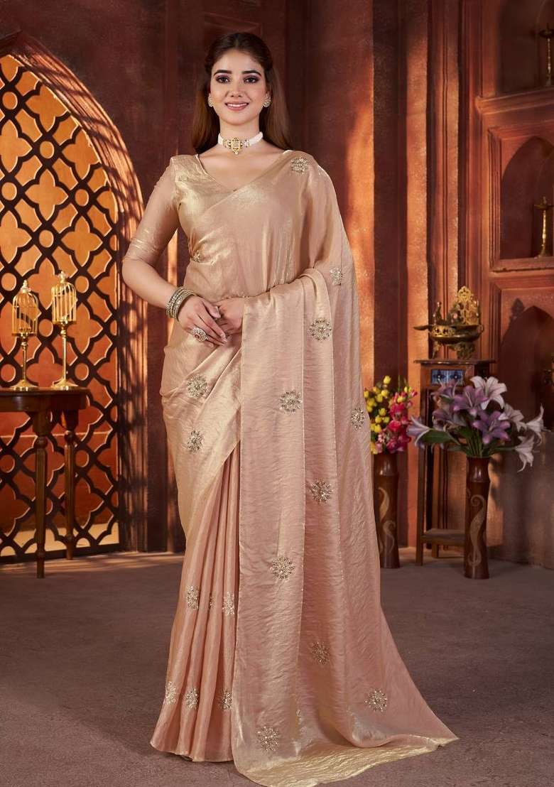 Peach Embroidered Silk Saree Set - Indya