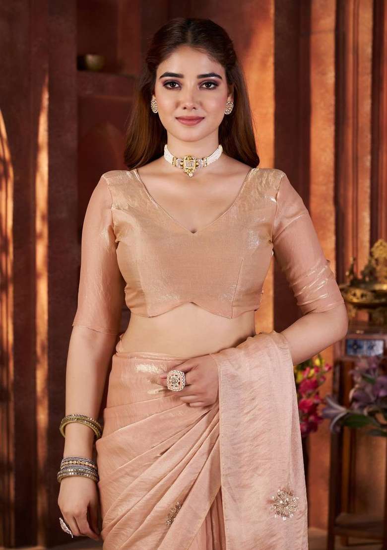 Peach Embroidered Silk Saree Set - Indya