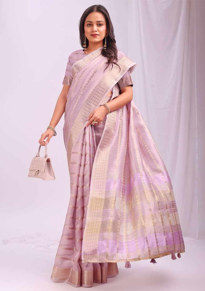 Pink Embroidered Organza Saree Set - Indya