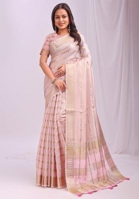 Peach Embroidered Organza Saree Set