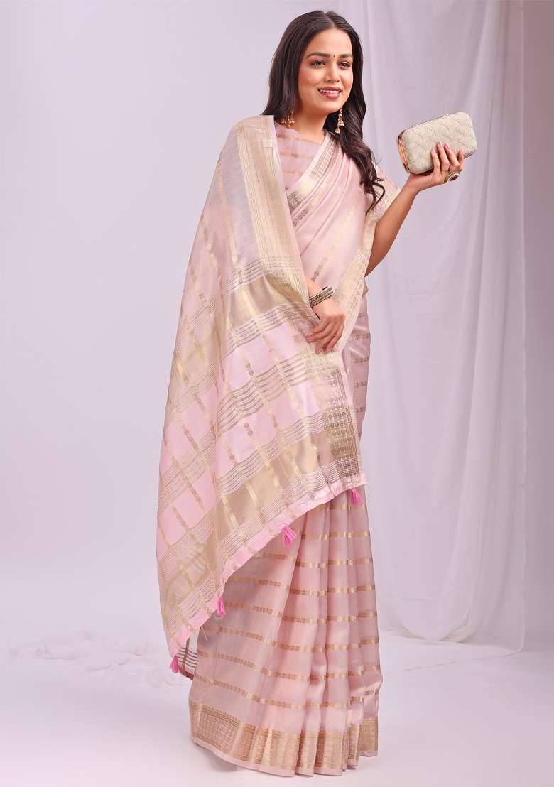 Peach Embroidered Organza Saree Set - Indya
