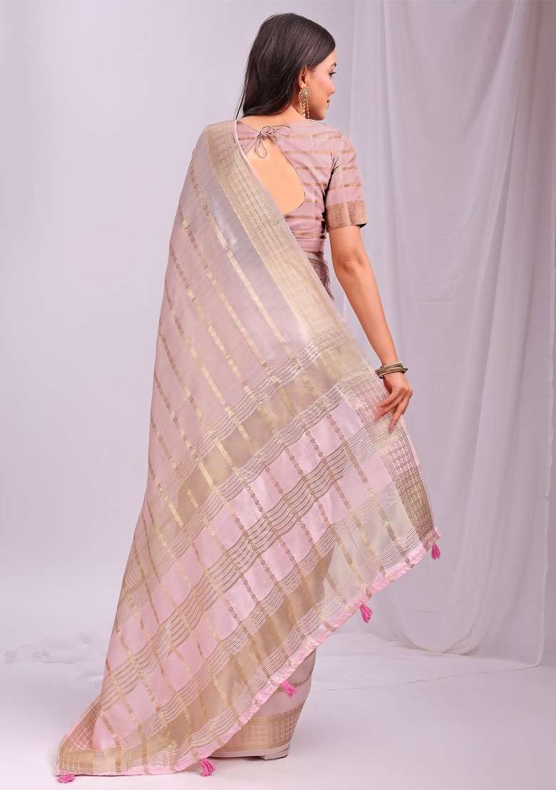 Peach Embroidered Organza Saree Set - Indya