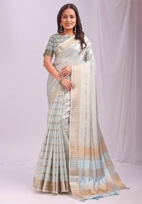Blue Embroidered Organza Saree Set