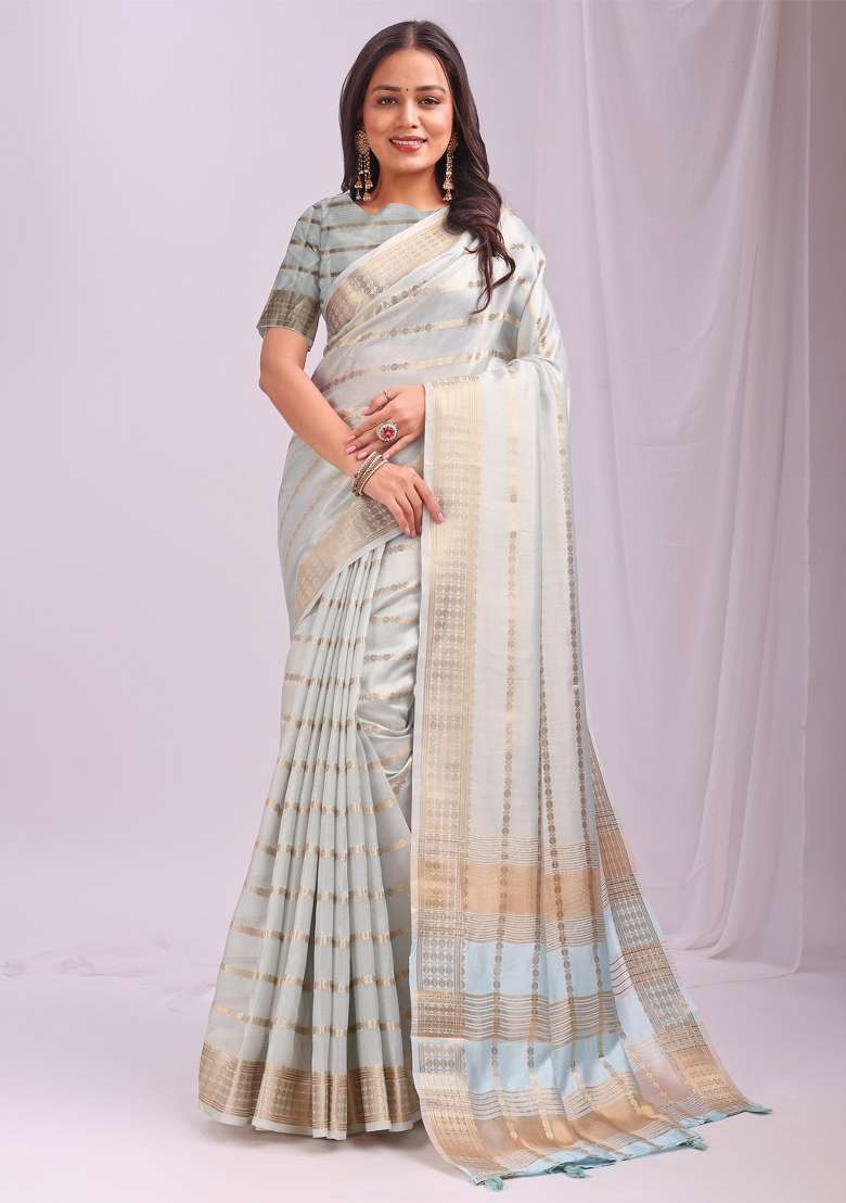 Blue Embroidered Organza Saree Set - Indya