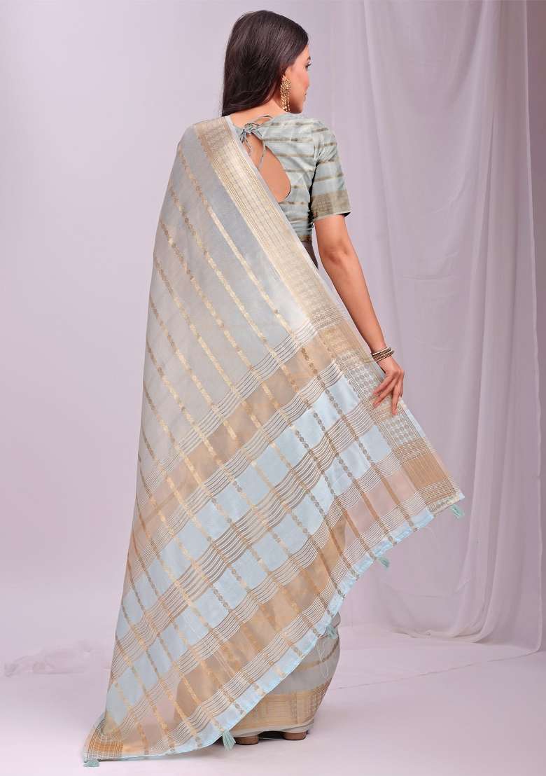 Blue Embroidered Organza Saree Set - Indya