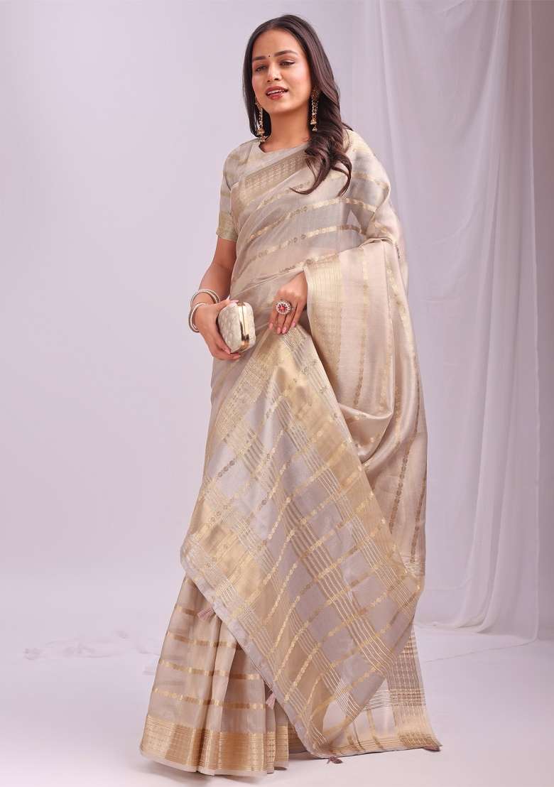 Grey Embroidered Organza Saree Set - Indya