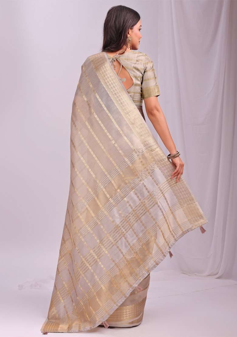 Grey Embroidered Organza Saree Set - Indya