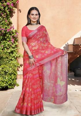 Red Embroidered Cotton Saree Set