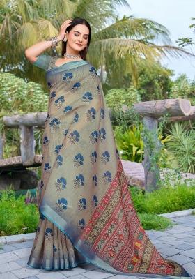 Grey Embroidered Cotton Saree Set