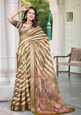 Brown Embroidered Cotton Saree Set