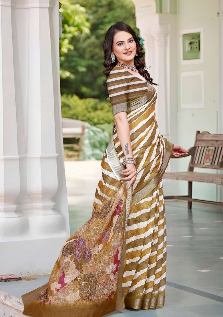 Brown Embroidered Cotton Saree Set - Indya