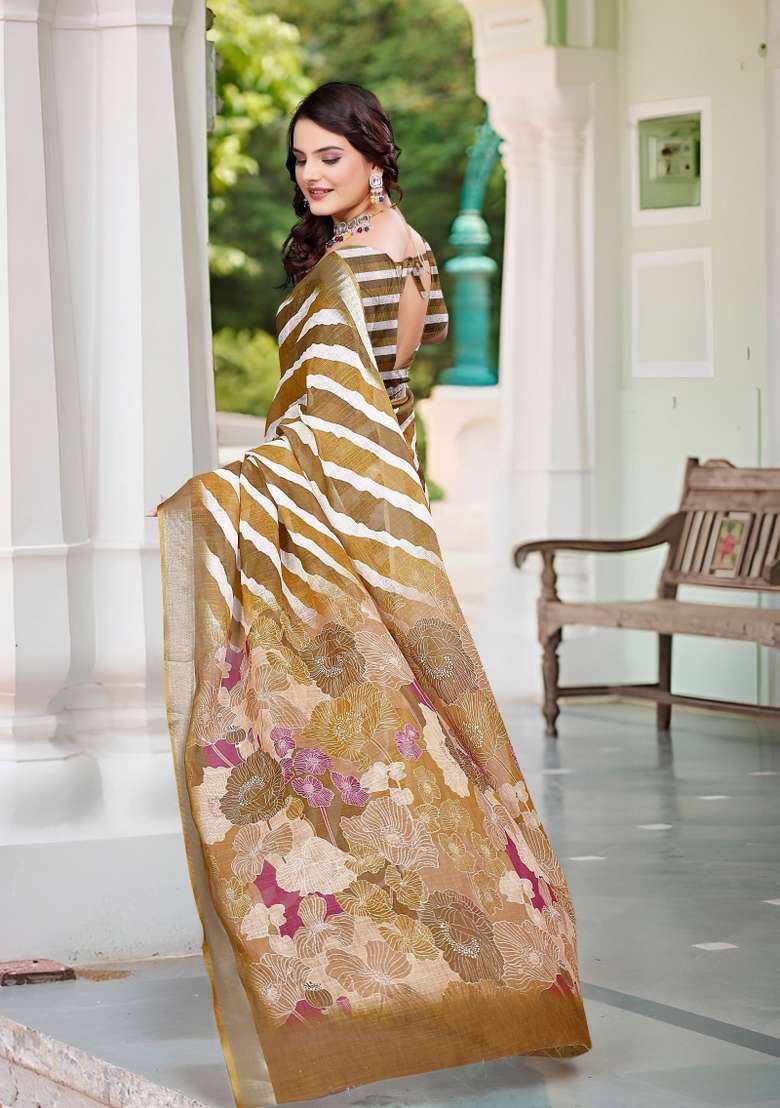 Brown Embroidered Cotton Saree Set - Indya
