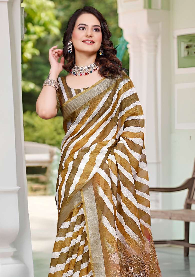 Brown Embroidered Cotton Saree Set - Indya