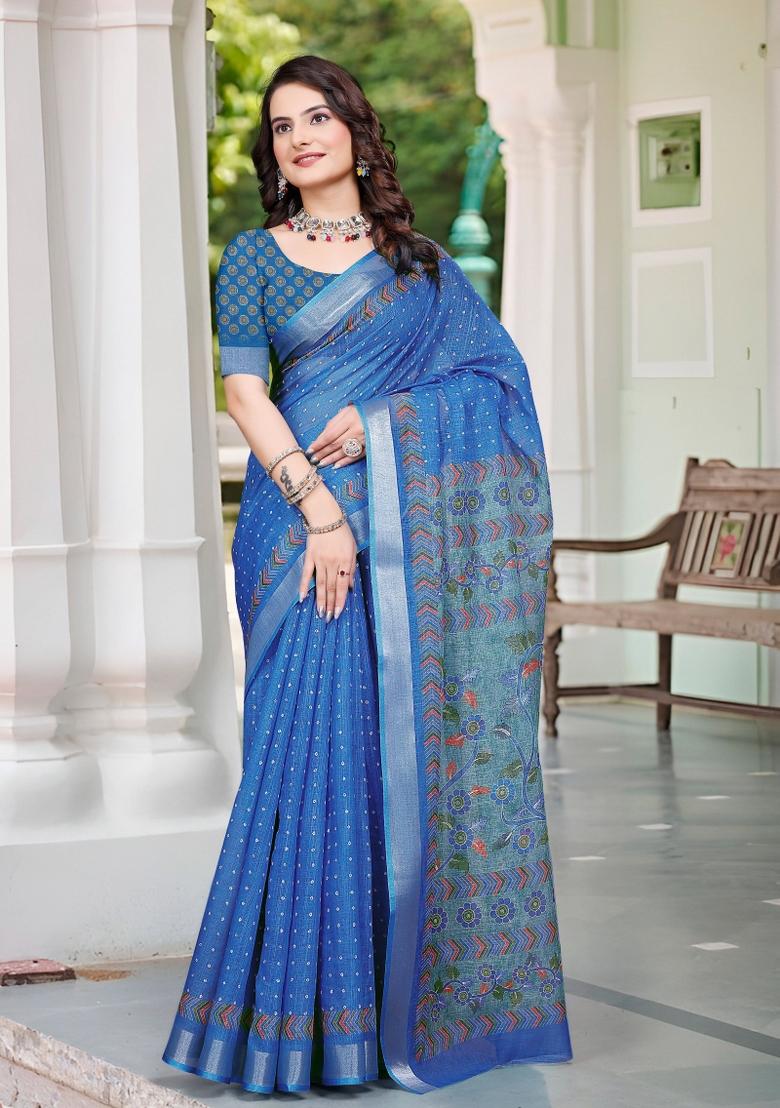 Blue Embroidered Cotton Saree Set
