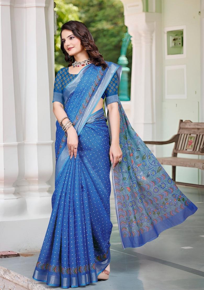 Blue Embroidered Cotton Saree Set