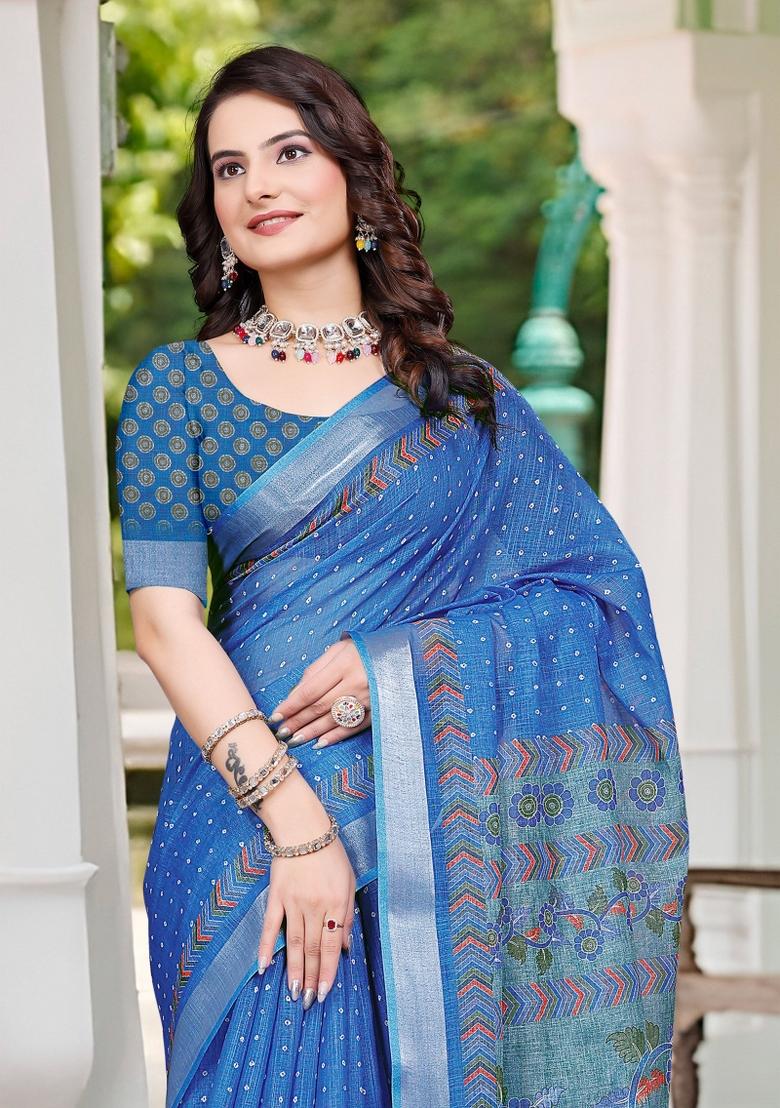 Blue Embroidered Cotton Saree Set