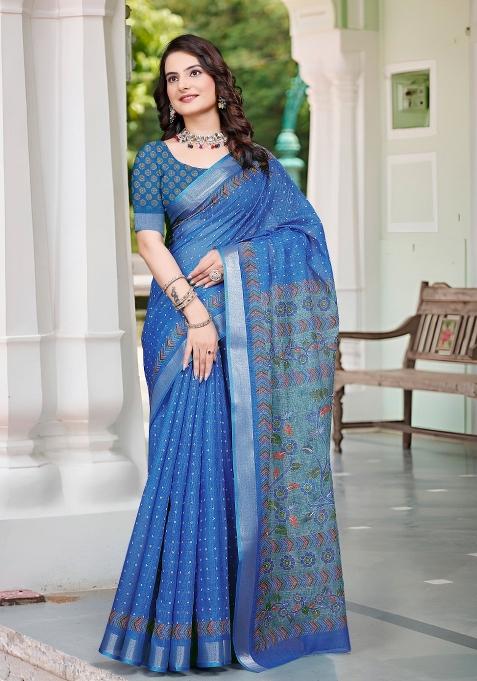 Blue Embroidered Cotton Saree Set