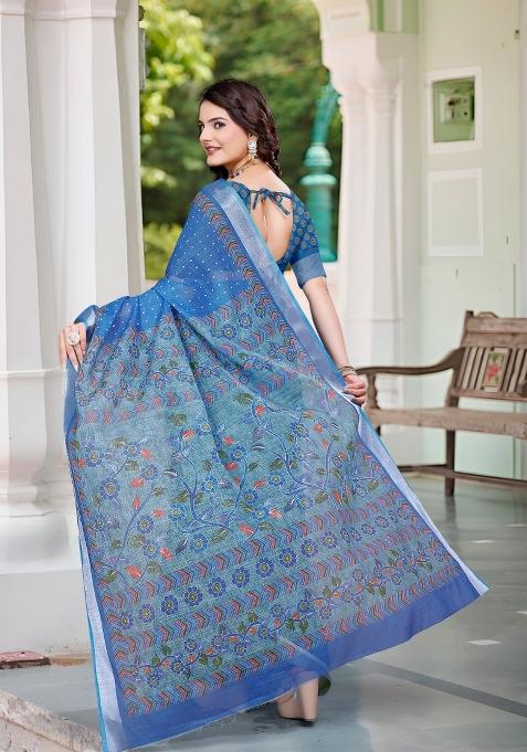 Blue Embroidered Cotton Saree Set