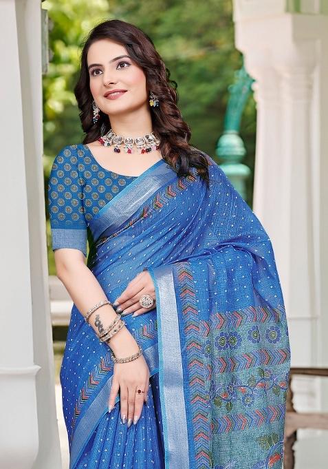 Blue Embroidered Cotton Saree Set