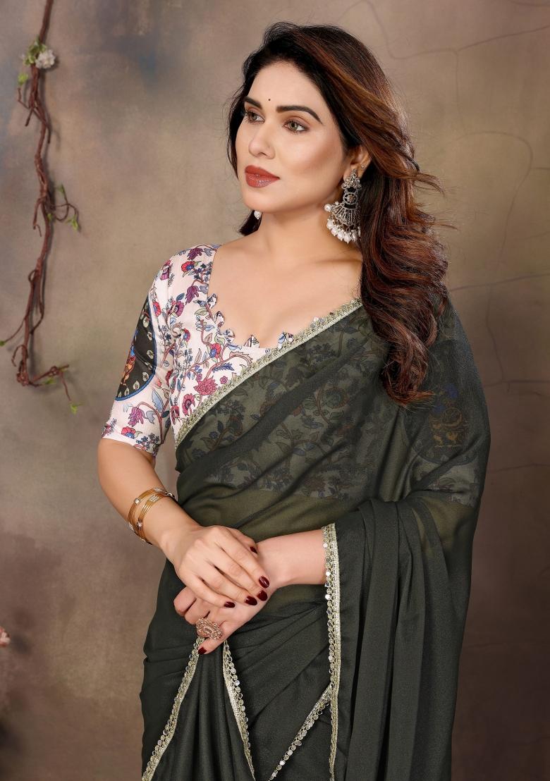 Green Embroidered Georgette Saree Set