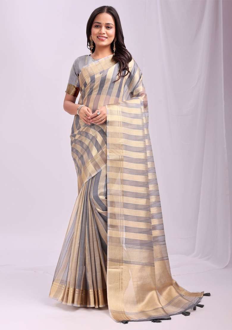 Grey Embroidered Organza Saree Set - Indya
