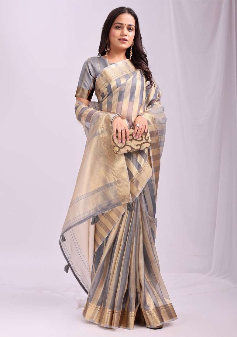 Grey Embroidered Organza Saree Set - Indya