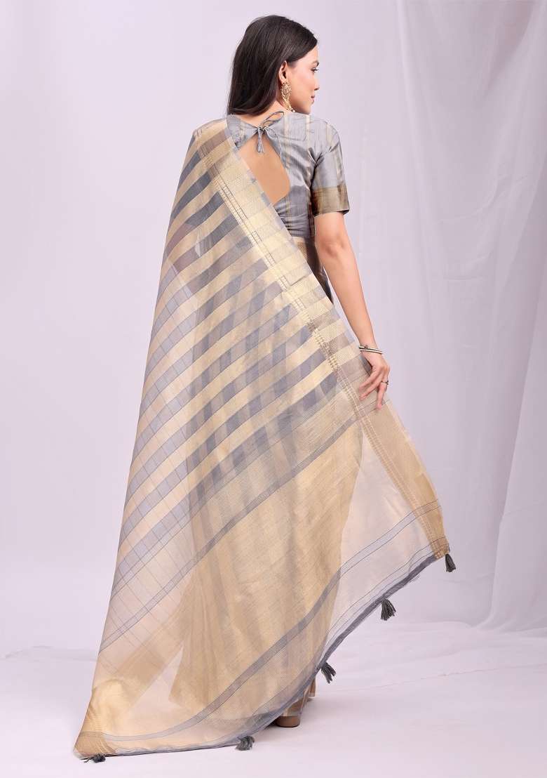Grey Embroidered Organza Saree Set - Indya