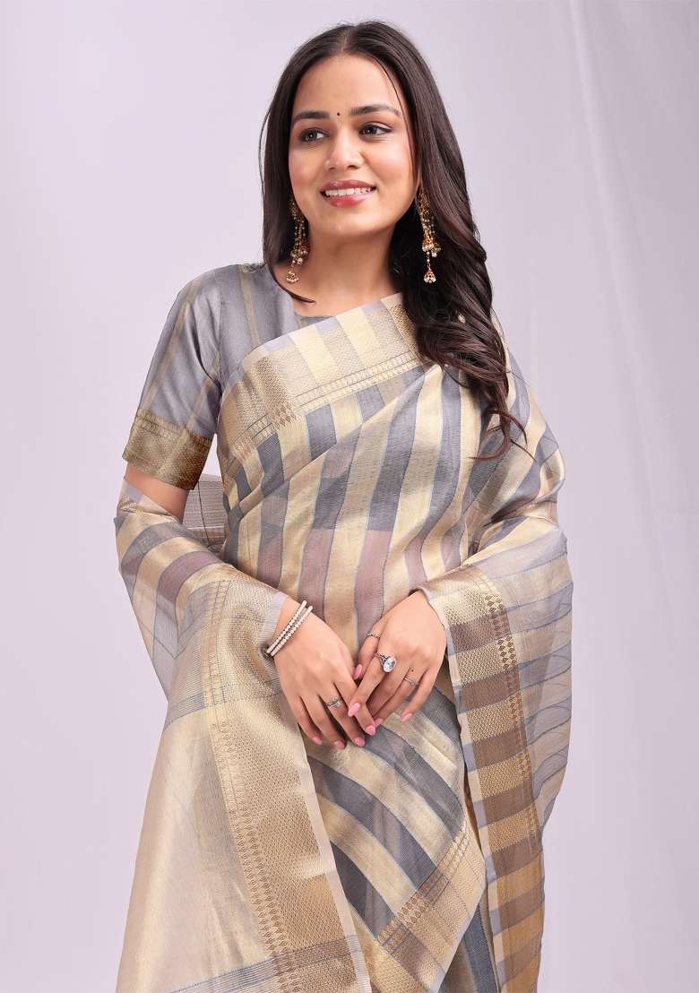 Grey Embroidered Organza Saree Set - Indya