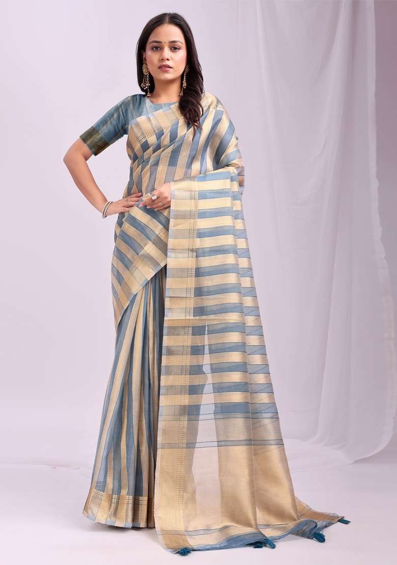 Blue Embroidered Organza Saree Set - Indya