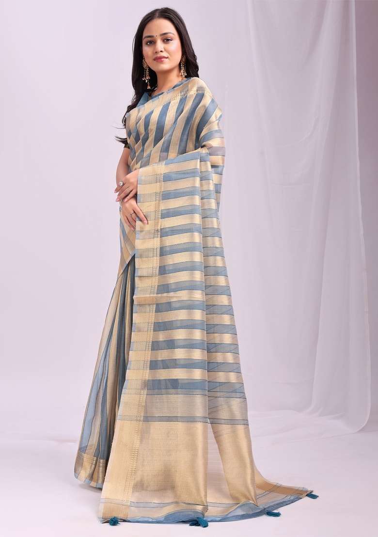 Blue Embroidered Organza Saree Set - Indya