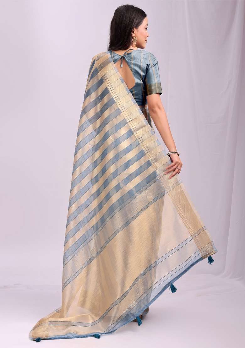 Blue Embroidered Organza Saree Set - Indya