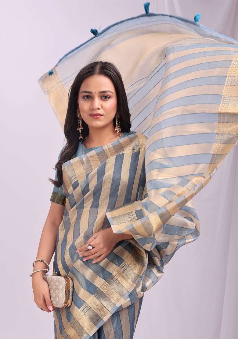 Blue Embroidered Organza Saree Set - Indya