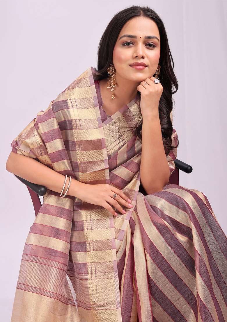 Purple Embroidered Organza Saree Set - Indya