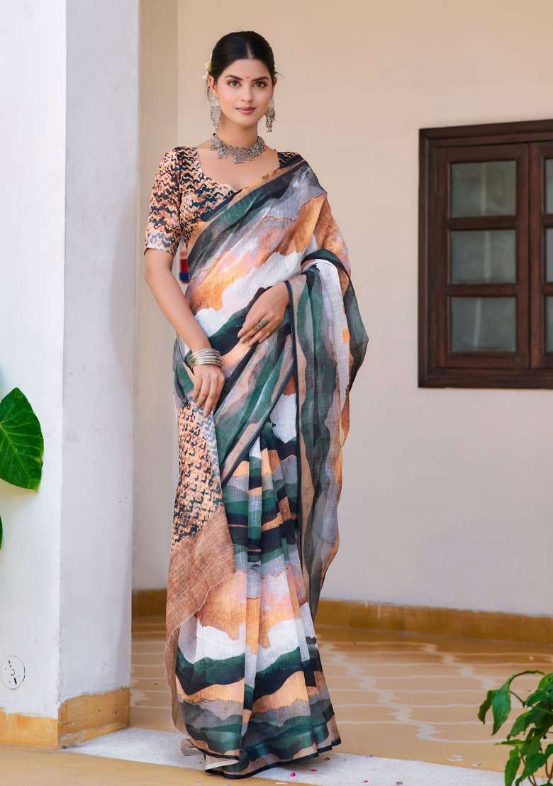 Multi Embroidered Cotton Saree Set - Indya