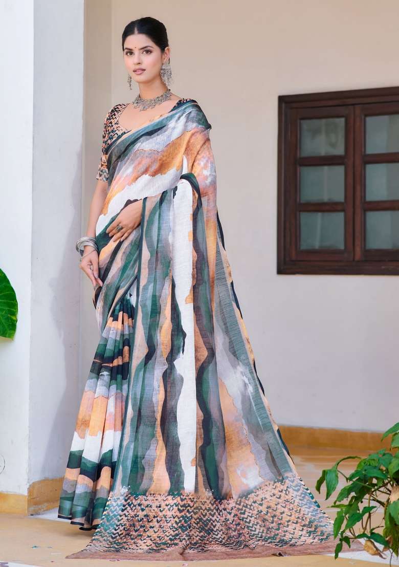 Multi Embroidered Cotton Saree Set - Indya