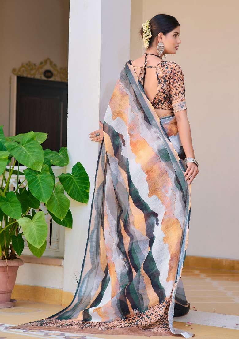 Multi Embroidered Cotton Saree Set - Indya
