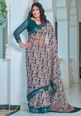 Grey Embroidered Cotton Saree Set