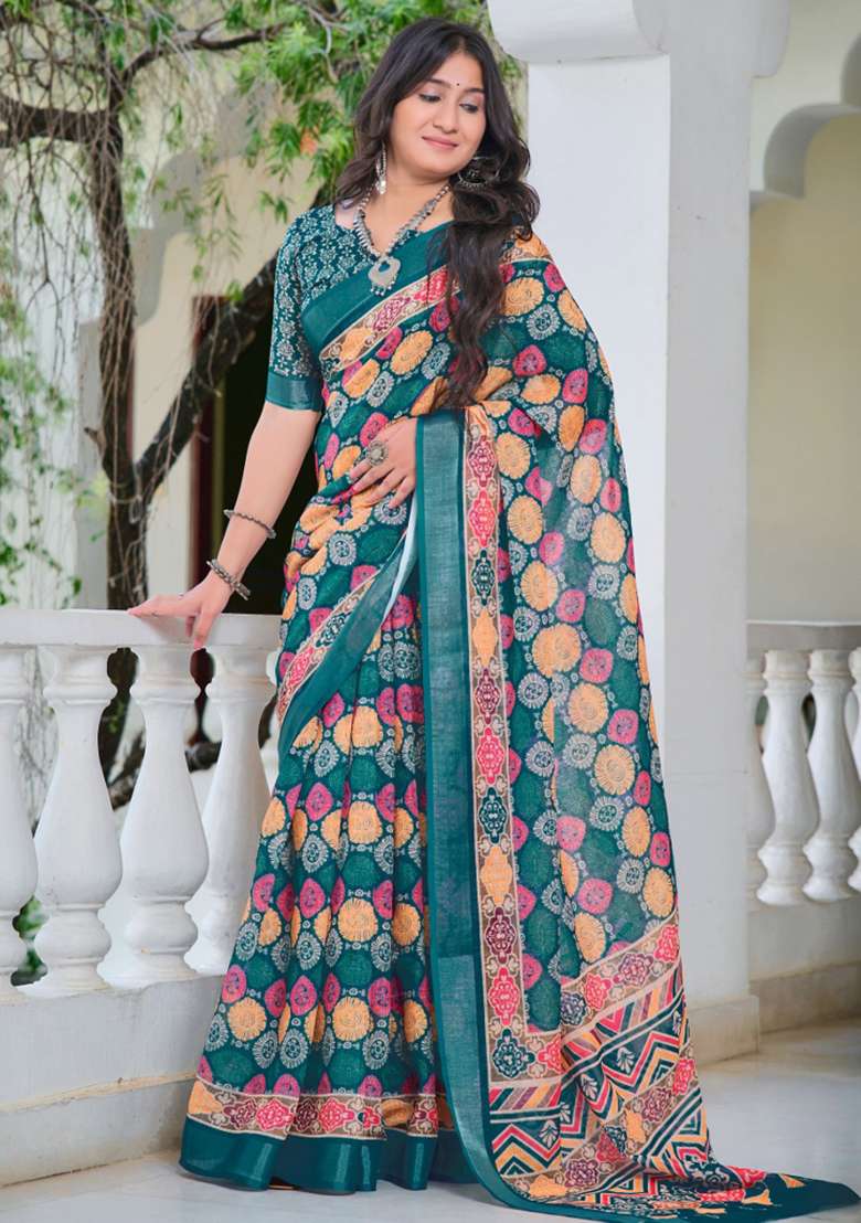 Multi Embroidered Cotton Saree Set - Indya